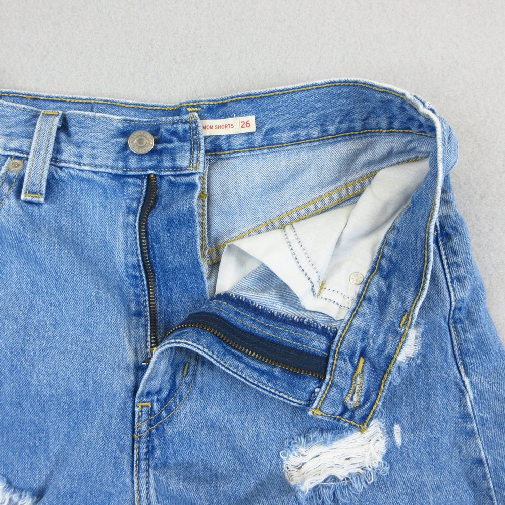 Levi's High Waisted Mom Shorts Women 26 Blue Distressed Denim Cutoffs Frayed Hem - Picture 4 of 12